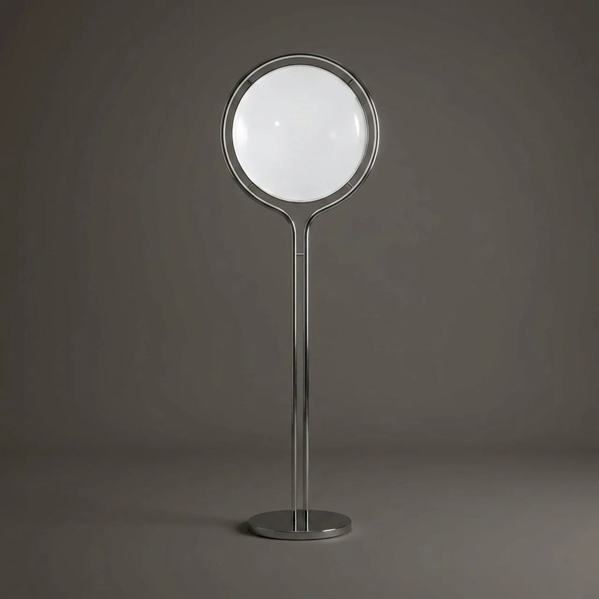 A modern floor lamp with a circular white diffuser and a slim, wavy chrome stand on a round base, set against a dark gray studio background.