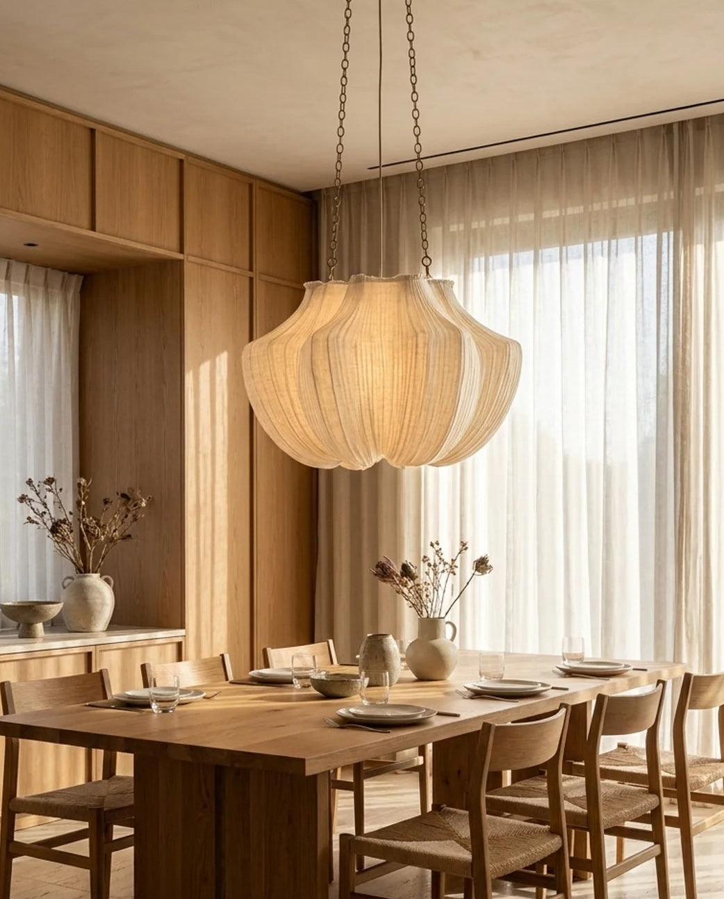 A modern dining room featuring a rectangular wooden dining table surrounded by matching wooden chairs, under a large, sculptural pleated pendant light. The room has warm wood paneling, sheer curtains, and a light wood floor.