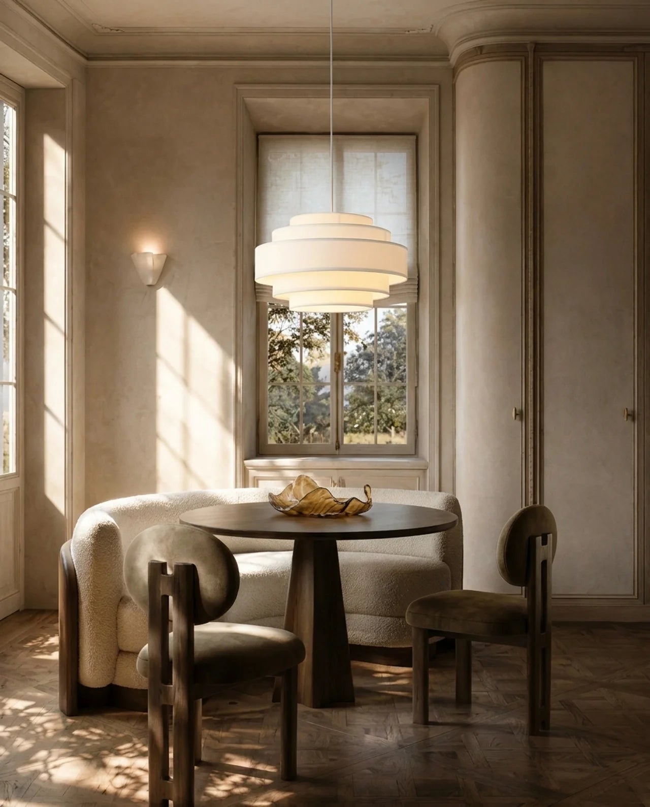 A modern tiered pendant light hangs over a round dining table in a softly lit room with upholstered chairs, a window, and warm sunlight streaming across the floor.
