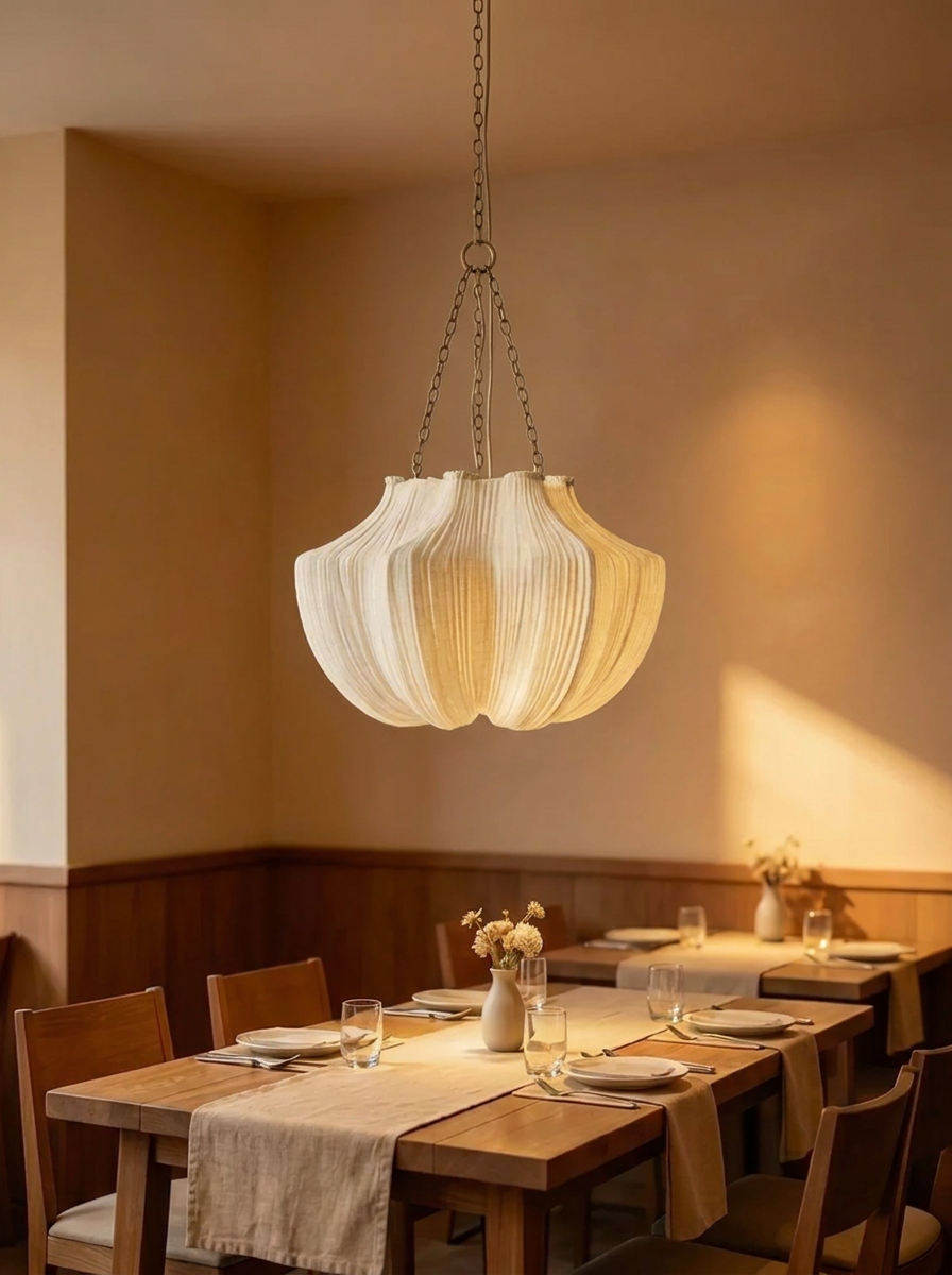 A modern pendant light with a pleated, petal-like white shade hangs over a warmly lit dining table in a rustic, cozy room with beige walls and wood paneling.