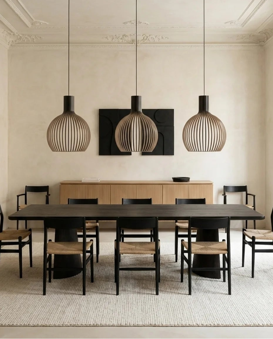 Three ribbed pendant light fixtures with black metal frames and beige woven shades hang over a dining table in a neutral-toned, elegant dining room viewed through an arched doorway.