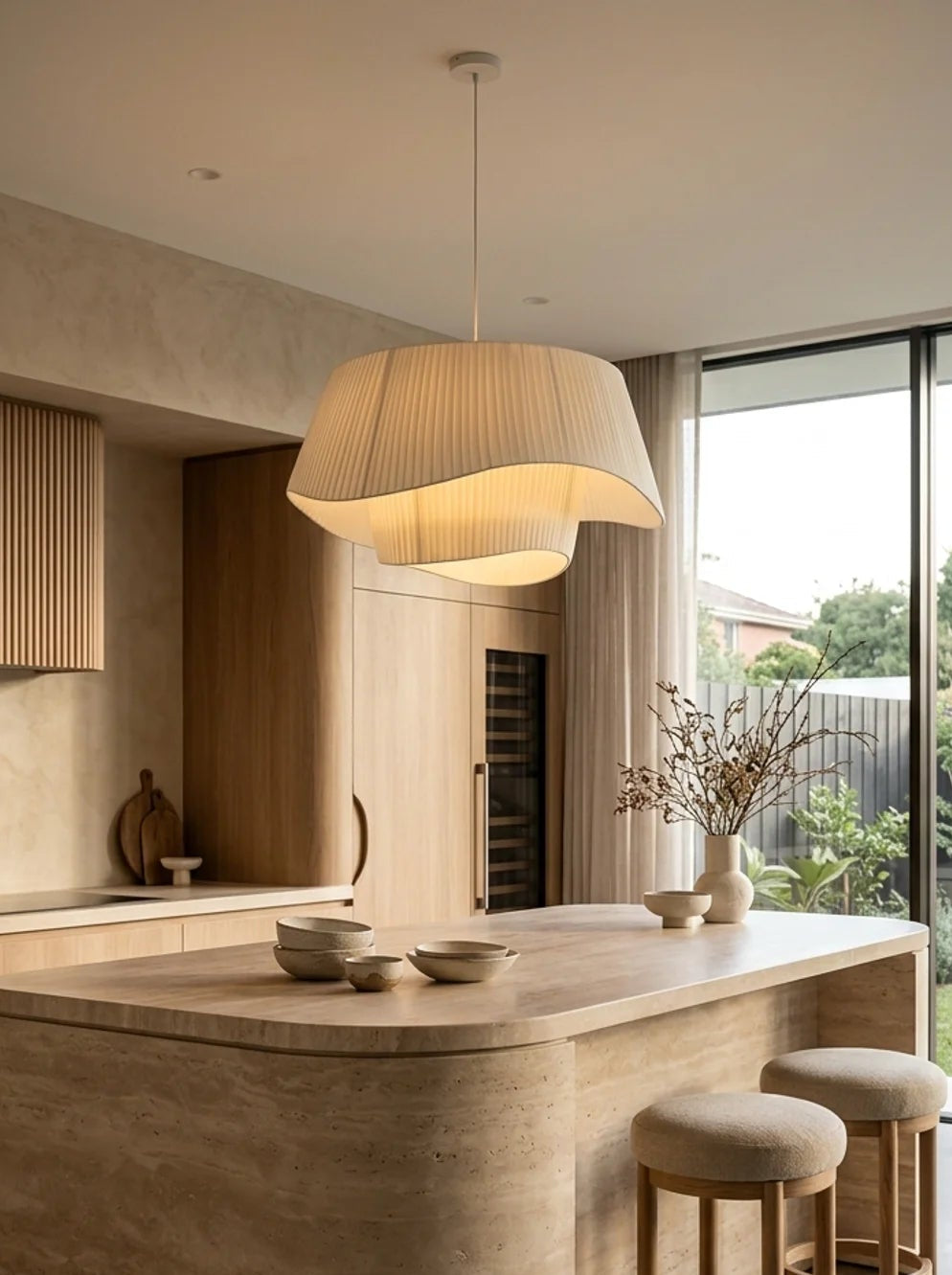 Modern kitchen with a wooden island and stools, featuring a large window view.