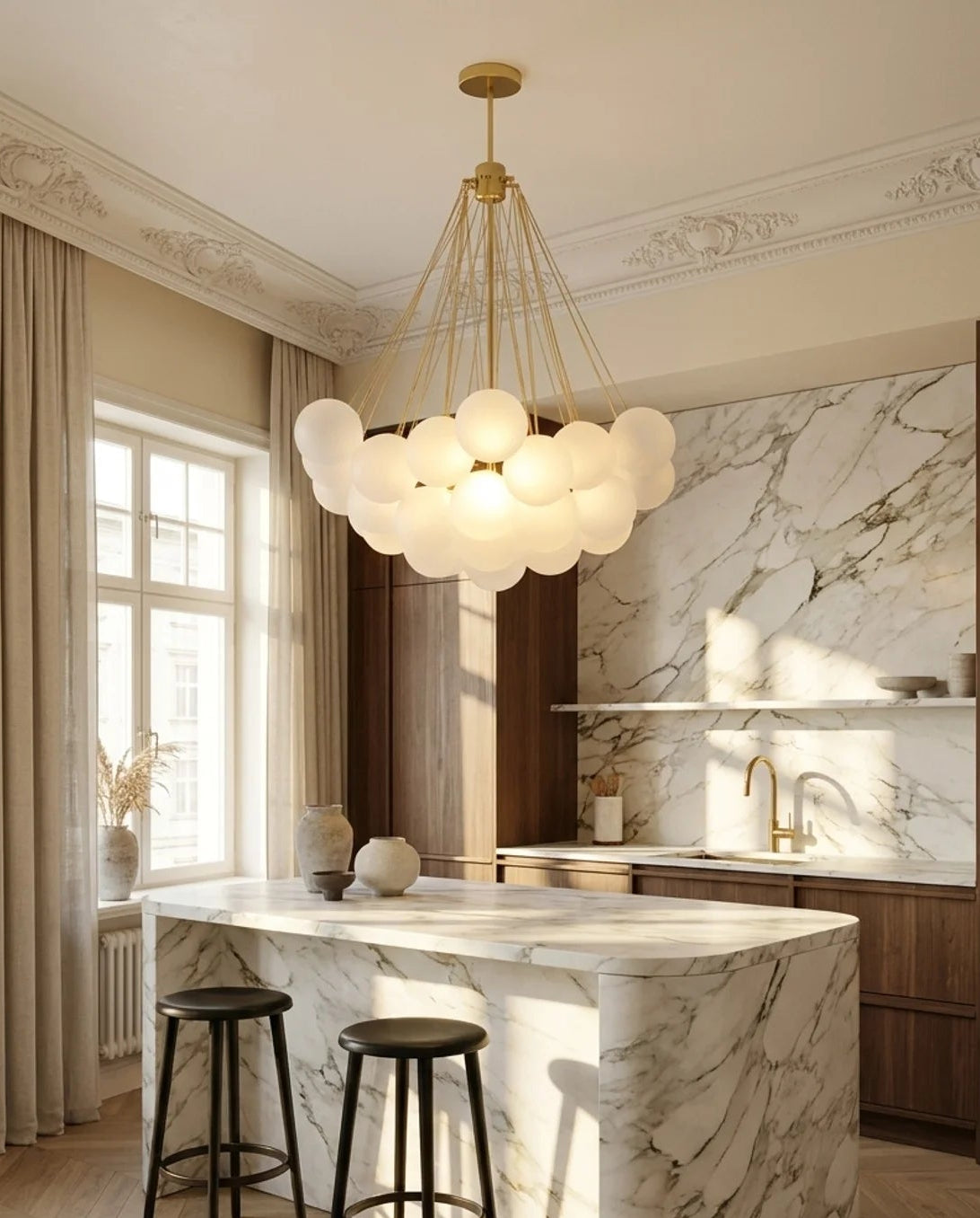 A modern kitchen interior with a large marble island, two black bar stools, a gold cloud-shaped pendant light, wood cabinetry, and beige curtains by a bright window.