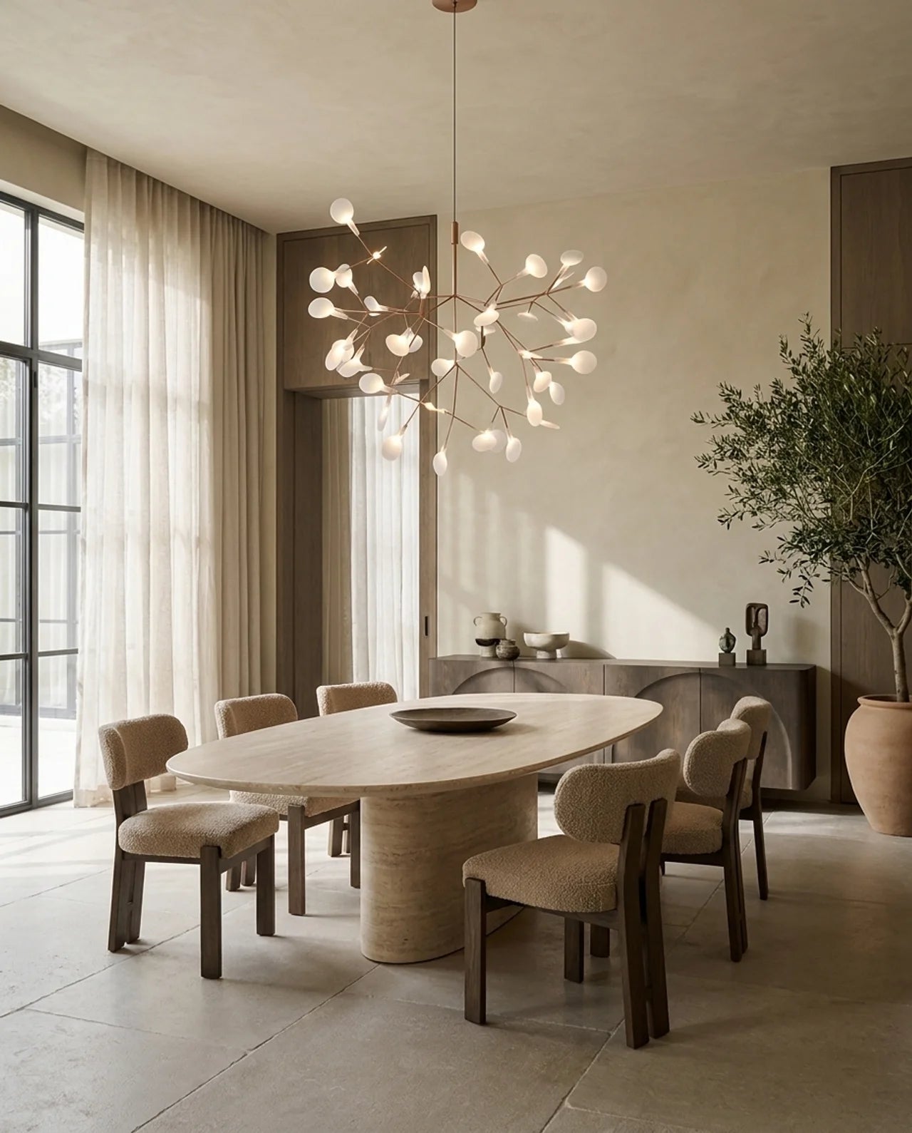 A modern dining room featuring a round light-wood table with six upholstered chairs, a sculptural multi-arm pendant chandelier, and a large potted tree against a warm beige wall.
