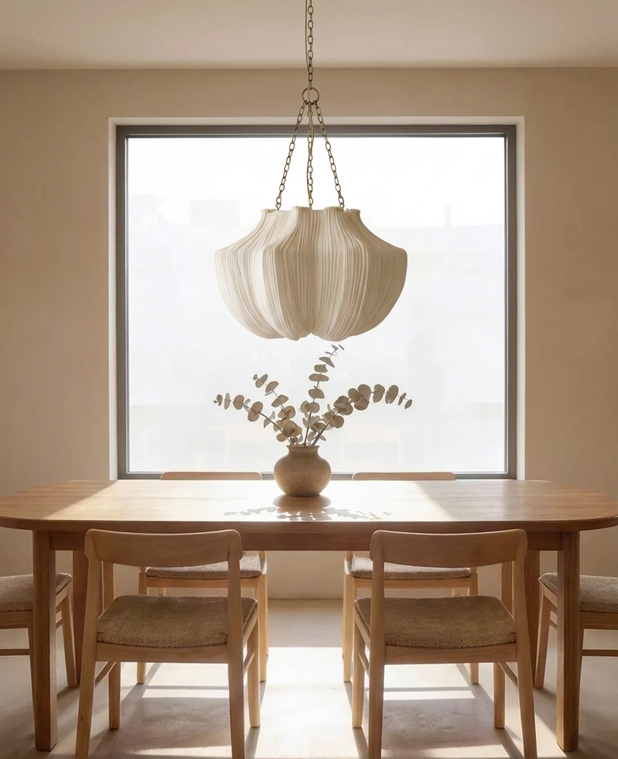 A modern pendant light with a pleated, scalloped cream fabric shade hangs over a wooden dining table and chairs in a bright, minimalist room with a large window.