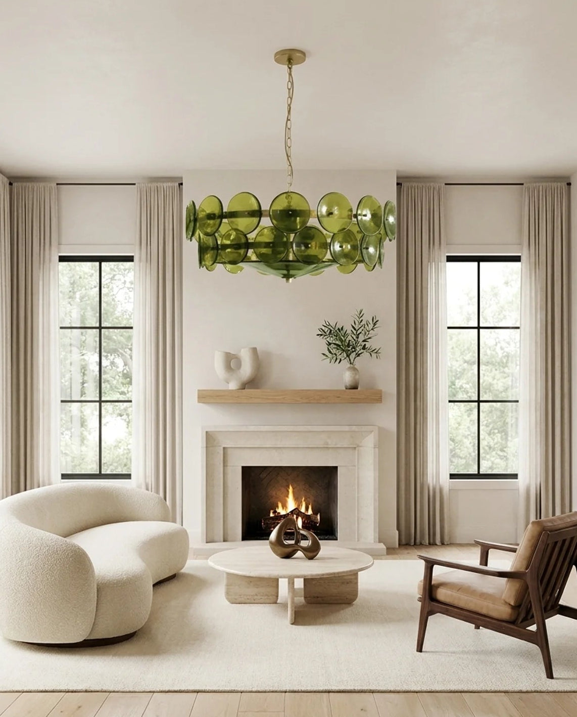 A modern living room featuring a distinctive green glass bubble chandelier hanging above a cream-colored curved sofa and a wooden armchair, set in front of a white fireplace with beige curtains.